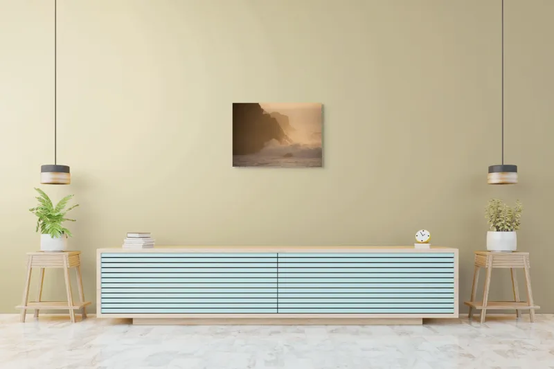 Tablou Canvas, "Valuri și stânci la apus", Apus, Stânci, Valuri, Ceață, Ocean, Lumină, Aurie, Peisaj, Natură, Calm., 70 x 50 cm – poza 7