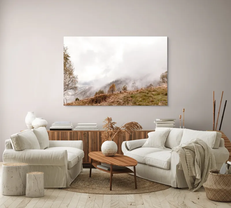 Tablou Canvas, "Ceață învăluind colinele toamnei", Nori, Ceață, Copaci, Peisaj, Dealuri, Liniște, Vegetație, Toamnă, 150 x 100 cm – poza 3