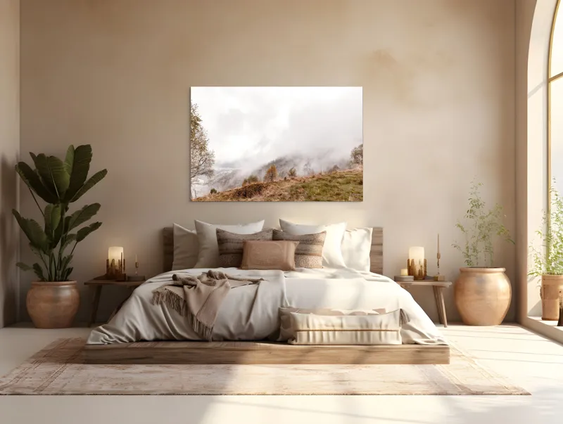 Tablou Canvas, "Ceață învăluind colinele toamnei", Nori, Ceață, Copaci, Peisaj, Dealuri, Liniște, Vegetație, Toamnă, 150 x 100 cm – poza 4