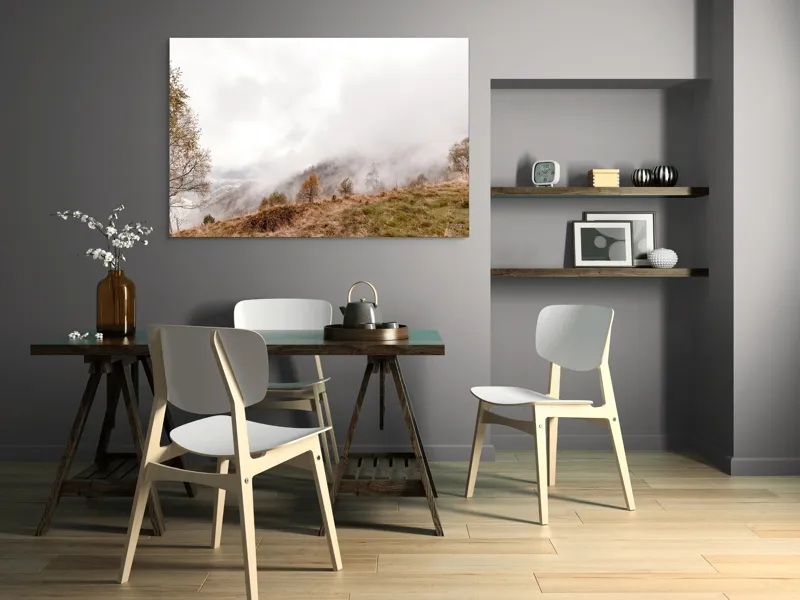 Tablou Canvas, "Ceață învăluind colinele toamnei", Nori, Ceață, Copaci, Peisaj, Dealuri, Liniște, Vegetație, Toamnă, 150 x 100 cm – poza 5