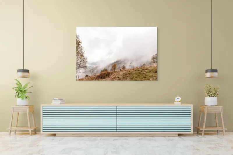 Tablou Canvas, "Ceață învăluind colinele toamnei", Nori, Ceață, Copaci, Peisaj, Dealuri, Liniște, Vegetație, Toamnă, 150 x 100 cm – poza 6