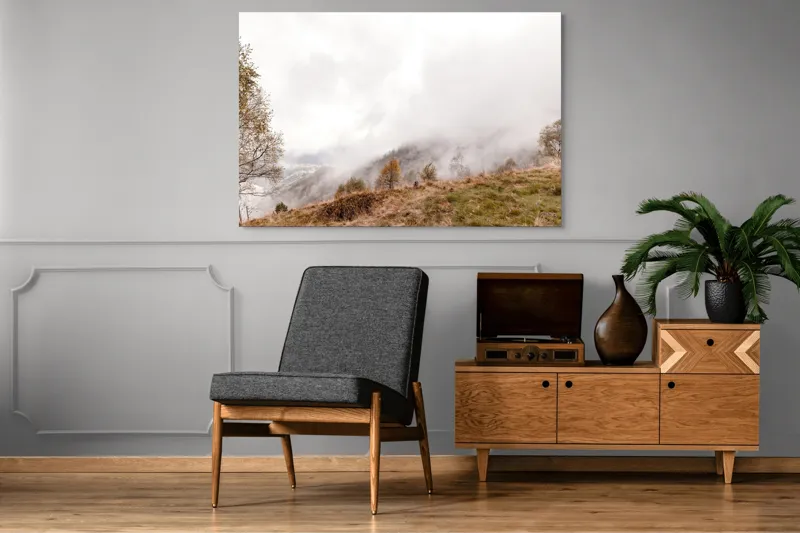 Tablou Canvas, "Ceață învăluind colinele toamnei", Nori, Ceață, Copaci, Peisaj, Dealuri, Liniște, Vegetație, Toamnă, 150 x 100 cm – poza 8