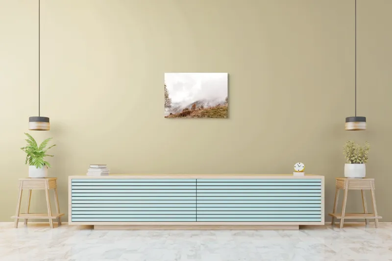 Tablou Canvas, "Ceață învăluind colinele toamnei", Nori, Ceață, Copaci, Peisaj, Dealuri, Liniște, Vegetație, Toamnă, 70 x 50 cm – poza 7