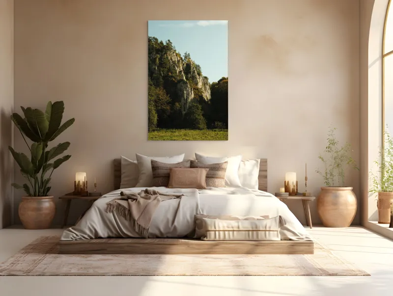 Tablou Canvas, "Peisaj montan la apus de soare", Pădure, Stânci, Verdeață, Copaci, Cer, Peisaj, Natură, Munți, Împădurit, Vegetație, 100 x 150 cm – poza 3