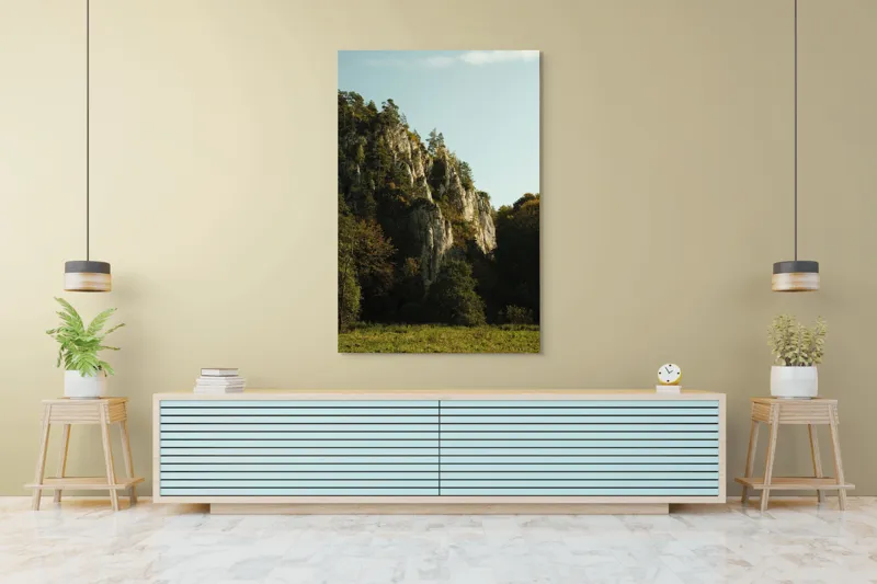 Tablou Canvas, "Peisaj montan la apus de soare", Pădure, Stânci, Verdeață, Copaci, Cer, Peisaj, Natură, Munți, Împădurit, Vegetație, 100 x 150 cm – poza 4