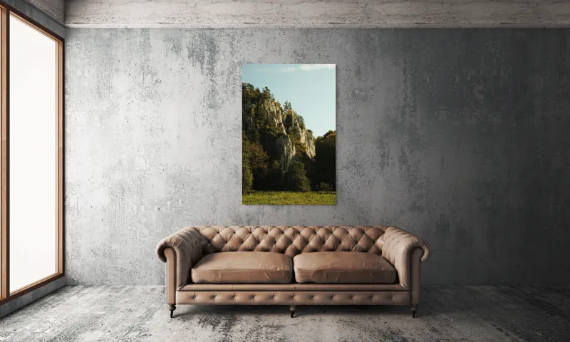 Tablou Canvas, "Peisaj montan la apus de soare", Pădure, Stânci, Verdeață, Copaci, Cer, Peisaj, Natură, Munți, Împădurit, Vegetație, 100 x 150 cm – poza 6