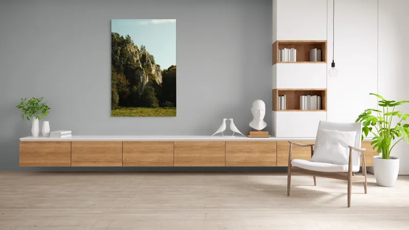 Tablou Canvas, "Peisaj montan la apus de soare", Pădure, Stânci, Verdeață, Copaci, Cer, Peisaj, Natură, Munți, Împădurit, Vegetație, 100 x 150 cm – poza 8