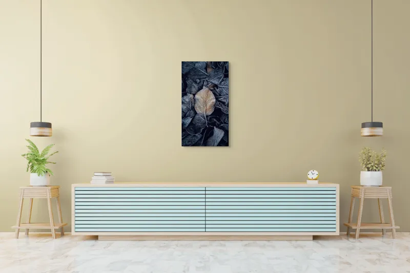 Tablou Canvas, "Ultima suflare a toamnei înghețate", Gheață, Frunze, Toamnă, Natură, Textură, Contrast, Rece, Detaliu, 50 x 90 cm – poza 6