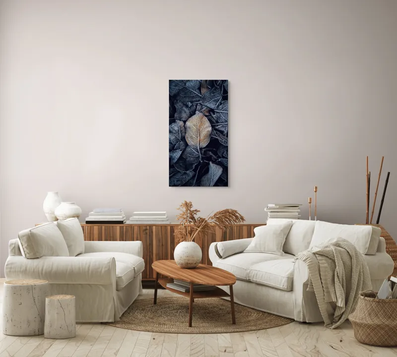 Tablou Canvas, "Ultima suflare a toamnei înghețate", Gheață, Frunze, Toamnă, Natură, Textură, Contrast, Rece, Detaliu, 50 x 90 cm – poza 7