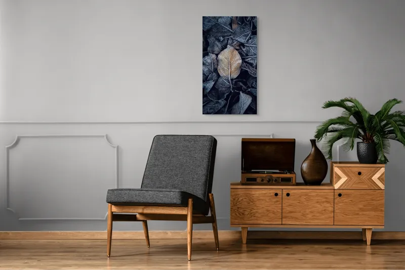 Tablou Canvas, "Ultima suflare a toamnei înghețate", Gheață, Frunze, Toamnă, Natură, Textură, Contrast, Rece, Detaliu, 50 x 90 cm – poza 8