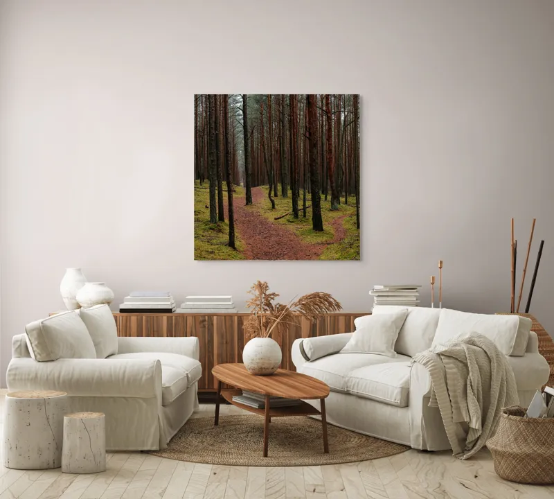 Tablou Canvas, "Cărarea misterioasă prin pădurea liniștită", Pădure, Cărare, Copaci, Mușchi, Natură, Tranquilitate, Verdeață, Peisaj, Aventura, Explorare, 100 x 100 cm – poza 3