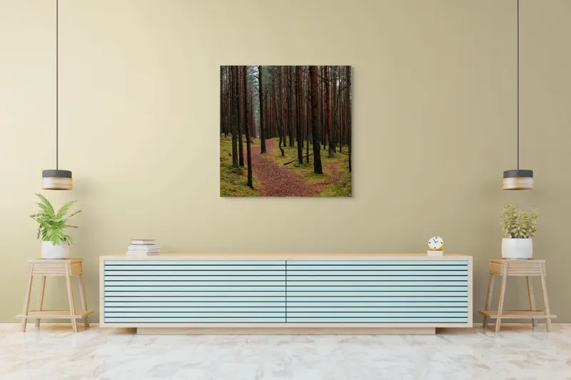 Tablou Canvas, "Cărarea misterioasă prin pădurea liniștită", Pădure, Cărare, Copaci, Mușchi, Natură, Tranquilitate, Verdeață, Peisaj, Aventura, Explorare, 100 x 100 cm – poza 5