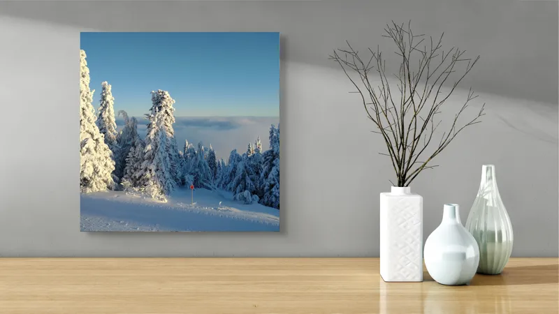 Tablou Canvas, "Iarna în splendoarea ei alpină", Zăpadă, Pini, Cer, Iarnă, Lumină, Peisaj, Tranquilitate, Frig, Natura, Înghețat, 50 x 50 cm – poza 3