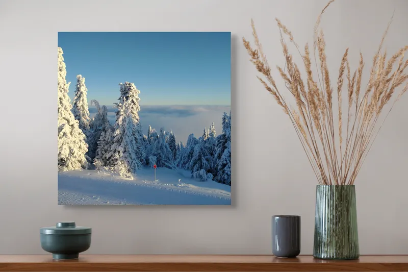 Tablou Canvas, "Iarna în splendoarea ei alpină", Zăpadă, Pini, Cer, Iarnă, Lumină, Peisaj, Tranquilitate, Frig, Natura, Înghețat, 50 x 50 cm – poza 4