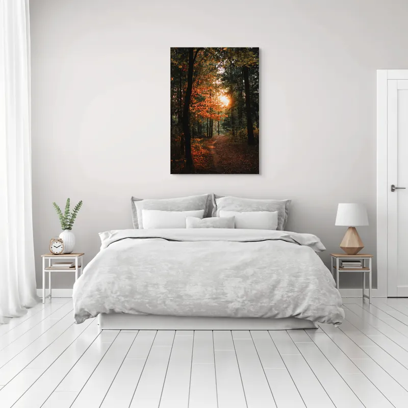 Tablou Canvas, "Lumină de apus în pădurea misterioasă", Pădure, Apus, Lumină, Toamnă, Frunze, Cale, Mister, Natură, 70 x 100 cm – poza 3