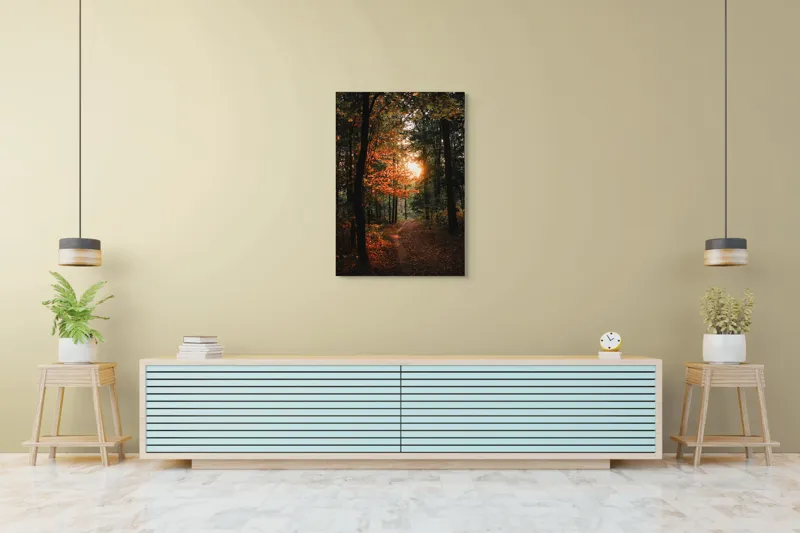 Tablou Canvas, "Lumină de apus în pădurea misterioasă", Pădure, Apus, Lumină, Toamnă, Frunze, Cale, Mister, Natură, 70 x 100 cm – poza 5