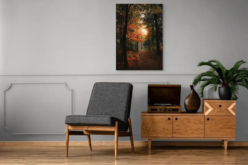 Tablou Canvas, "Lumină de apus în pădurea misterioasă", Pădure, Apus, Lumină, Toamnă, Frunze, Cale, Mister, Natură, 70 x 100 cm – poza 6