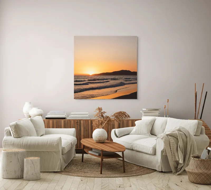 Tablou Canvas, "Apus pe plaja liniștită de vară", Apus, Ocean, Valuri, Nisip, Siluetă, Cer, Vedere, Liniște, 100 x 100 cm – poza 3