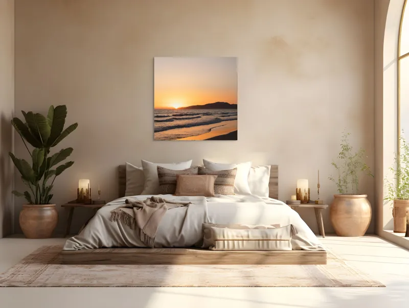Tablou Canvas, "Apus pe plaja liniștită de vară", Apus, Ocean, Valuri, Nisip, Siluetă, Cer, Vedere, Liniște, 100 x 100 cm – poza 4