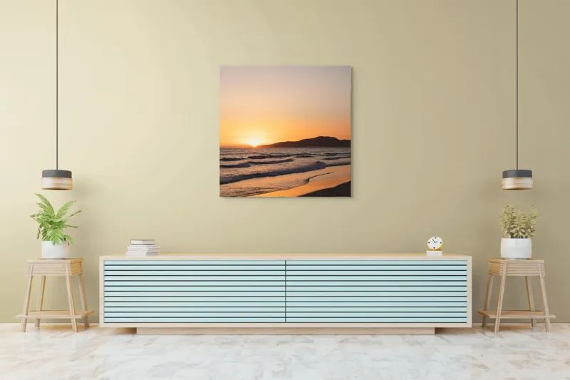 Tablou Canvas, "Apus pe plaja liniștită de vară", Apus, Ocean, Valuri, Nisip, Siluetă, Cer, Vedere, Liniște, 100 x 100 cm – poza 5