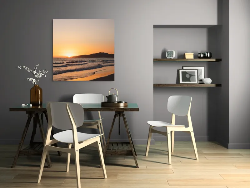 Tablou Canvas, "Apus pe plaja liniștită de vară", Apus, Ocean, Valuri, Nisip, Siluetă, Cer, Vedere, Liniște, 100 x 100 cm – poza 6