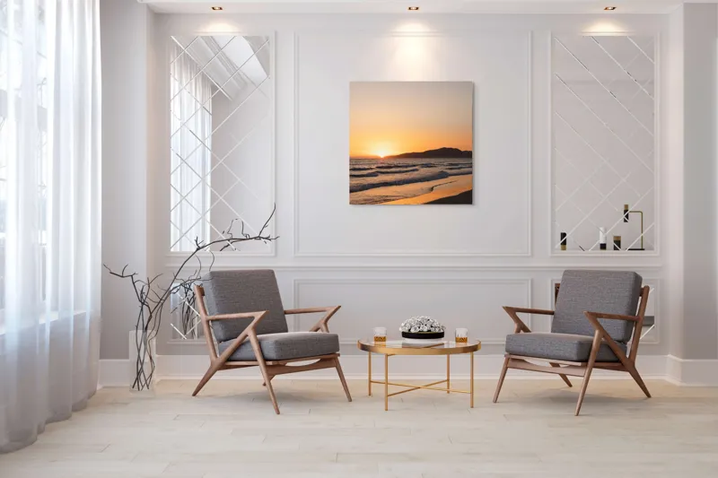 Tablou Canvas, "Apus pe plaja liniștită de vară", Apus, Ocean, Valuri, Nisip, Siluetă, Cer, Vedere, Liniște, 100 x 100 cm – poza 7