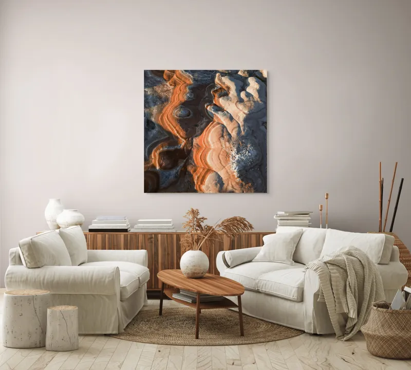 Tablou Canvas, "Dansul culorilor pe stâncile deșertului", Maro, Portocaliu, Ocru, Texturi, Valuri, Erodare, Stratificare, Natură, Abstract, Organic, Geologie, Reliefului, Culori, Modelare., 100 x 100 cm – poza 3