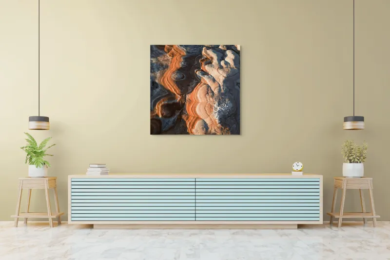 Tablou Canvas, "Dansul culorilor pe stâncile deșertului", Maro, Portocaliu, Ocru, Texturi, Valuri, Erodare, Stratificare, Natură, Abstract, Organic, Geologie, Reliefului, Culori, Modelare., 100 x 100 cm – poza 5