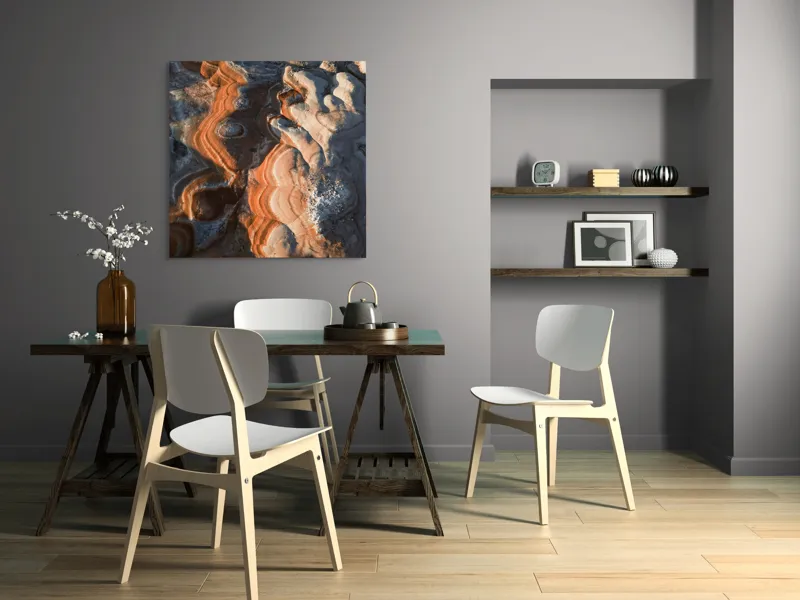 Tablou Canvas, "Dansul culorilor pe stâncile deșertului", Maro, Portocaliu, Ocru, Texturi, Valuri, Erodare, Stratificare, Natură, Abstract, Organic, Geologie, Reliefului, Culori, Modelare., 100 x 100 cm – poza 6