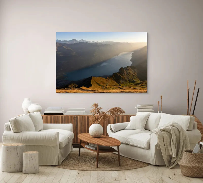 Tablou Canvas, "Magia dimineții pe culmile munților", Munte, Lac, Vale, Răsărit, Cer, Vârfuri, Peisaj, Lumină, 150 x 100 cm – poza 3