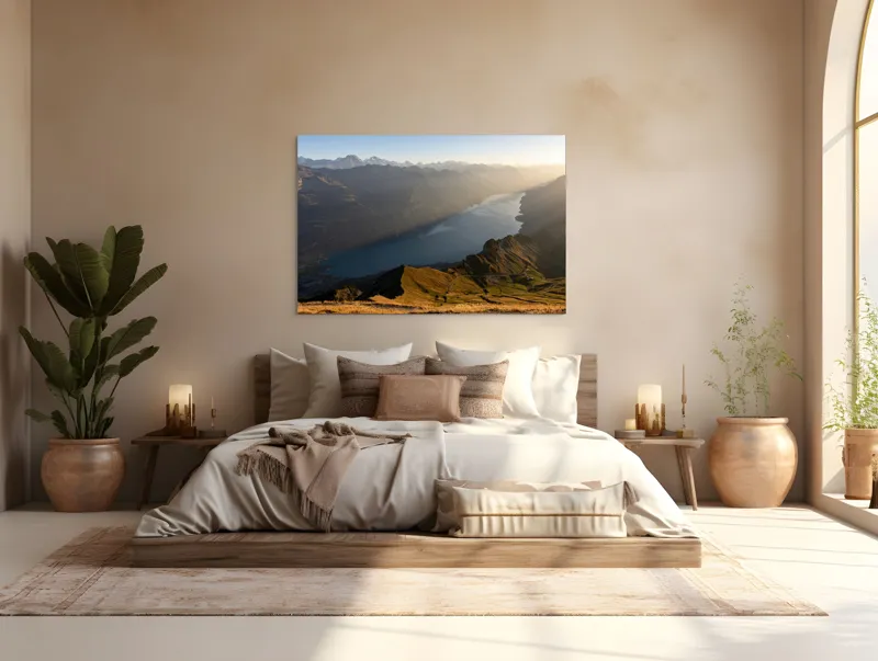 Tablou Canvas, "Magia dimineții pe culmile munților", Munte, Lac, Vale, Răsărit, Cer, Vârfuri, Peisaj, Lumină, 150 x 100 cm – poza 4
