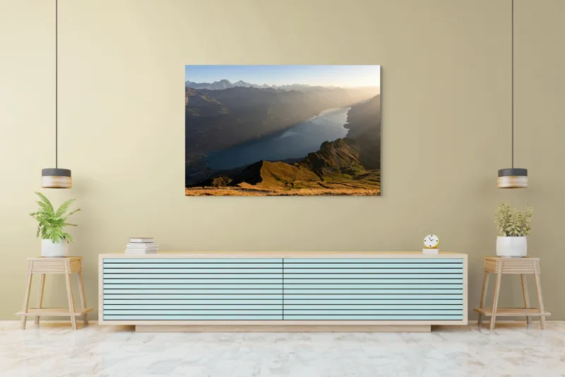 Tablou Canvas, "Magia dimineții pe culmile munților", Munte, Lac, Vale, Răsărit, Cer, Vârfuri, Peisaj, Lumină, 150 x 100 cm – poza 6