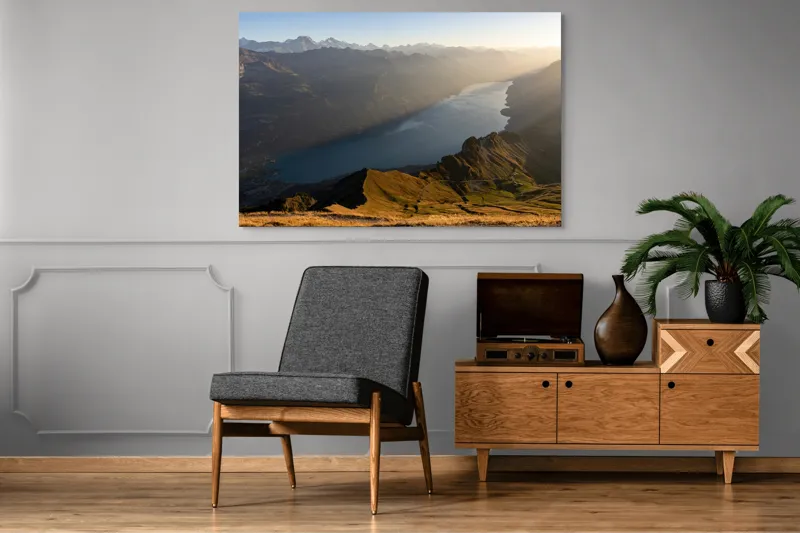 Tablou Canvas, "Magia dimineții pe culmile munților", Munte, Lac, Vale, Răsărit, Cer, Vârfuri, Peisaj, Lumină, 150 x 100 cm – poza 8