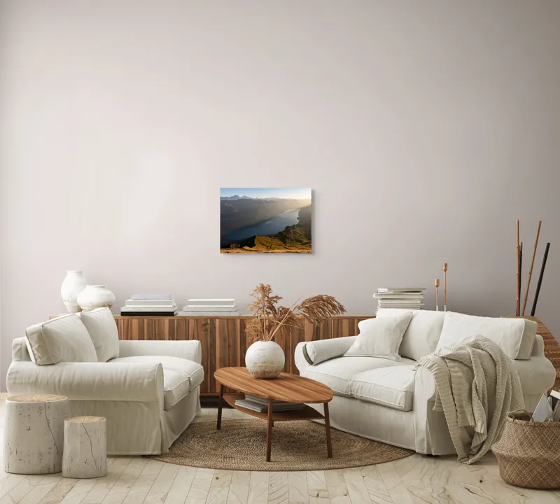 Tablou Canvas, "Magia dimineții pe culmile munților", Munte, Lac, Vale, Răsărit, Cer, Vârfuri, Peisaj, Lumină, 54 x 39 cm – poza 5
