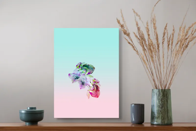 Tablou Canvas, "Flori delicate în vis cromatic", Flori, Pastel, Gradient, Delicat, Roz, Albastru, Tonuri, Naturalețe, 39 x 54 cm – poza 3