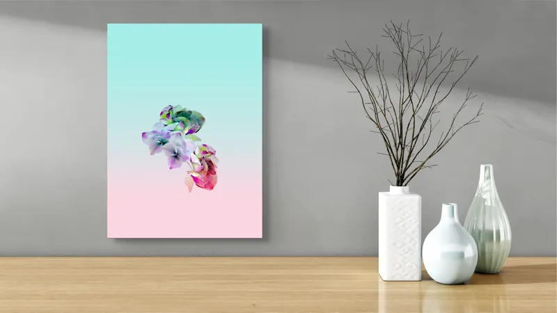 Tablou Canvas, "Flori delicate în vis cromatic", Flori, Pastel, Gradient, Delicat, Roz, Albastru, Tonuri, Naturalețe, 39 x 54 cm – poza 4