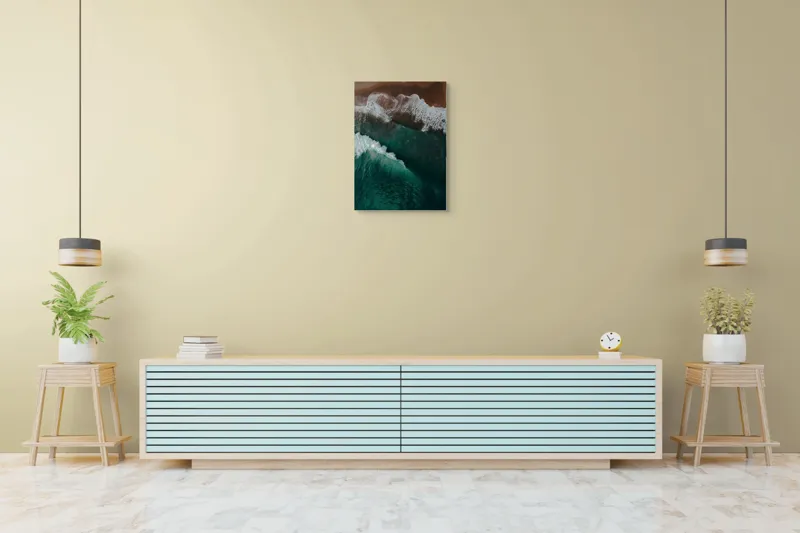 Tablou Canvas, "Valuri înspumate la țărmul mării", Valuri, Spumă, Apă, Mal, Ocean, Plajă, Albastru, Natură, Fascinant, Textură, 50 x 70 cm – poza 6