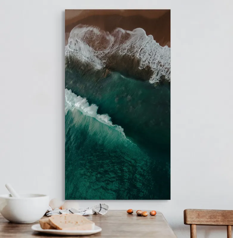 Tablou Canvas, "Valuri înspumate la țărmul mării", Valuri, Spumă, Apă, Mal, Ocean, Plajă, Albastru, Natură, Fascinant, Textură, 50 x 90 cm – poza 3