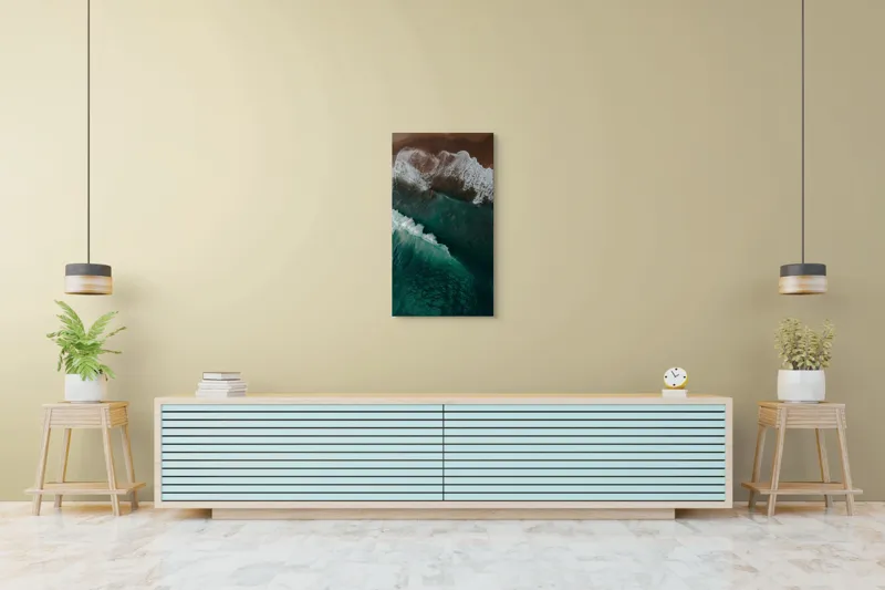 Tablou Canvas, "Valuri înspumate la țărmul mării", Valuri, Spumă, Apă, Mal, Ocean, Plajă, Albastru, Natură, Fascinant, Textură, 50 x 90 cm – poza 6