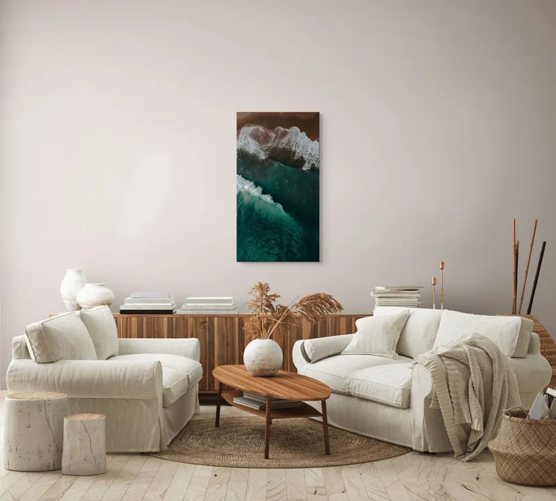 Tablou Canvas, "Valuri înspumate la țărmul mării", Valuri, Spumă, Apă, Mal, Ocean, Plajă, Albastru, Natură, Fascinant, Textură, 50 x 90 cm – poza 7