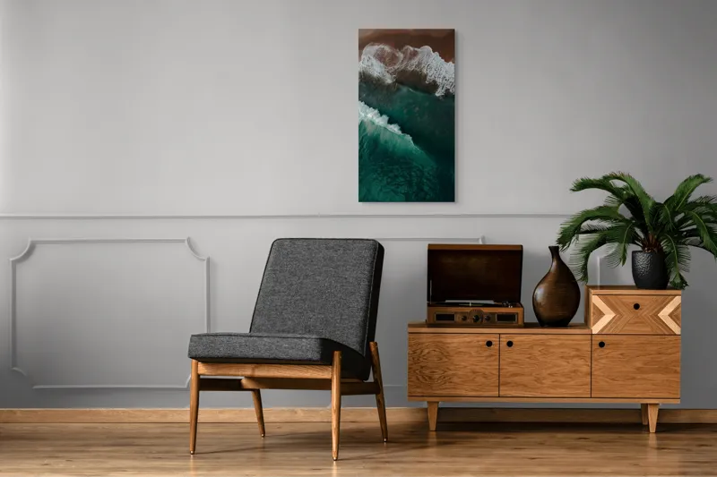 Tablou Canvas, "Valuri înspumate la țărmul mării", Valuri, Spumă, Apă, Mal, Ocean, Plajă, Albastru, Natură, Fascinant, Textură, 50 x 90 cm – poza 8
