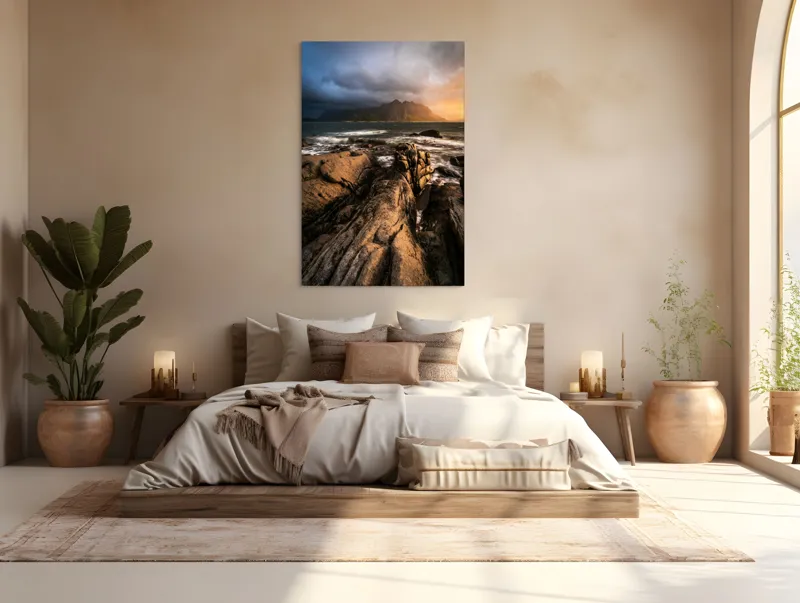 Tablou Canvas, "Razele apusului mângâie stâncile mării", Pietre, Mare, Valuri, Munți, Cer, Nor, Apus, Lumină, 100 x 150 cm – poza 3