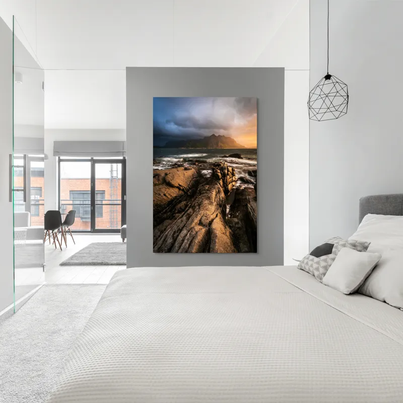 Tablou Canvas, "Razele apusului mângâie stâncile mării", Pietre, Mare, Valuri, Munți, Cer, Nor, Apus, Lumină, 100 x 150 cm – poza 5
