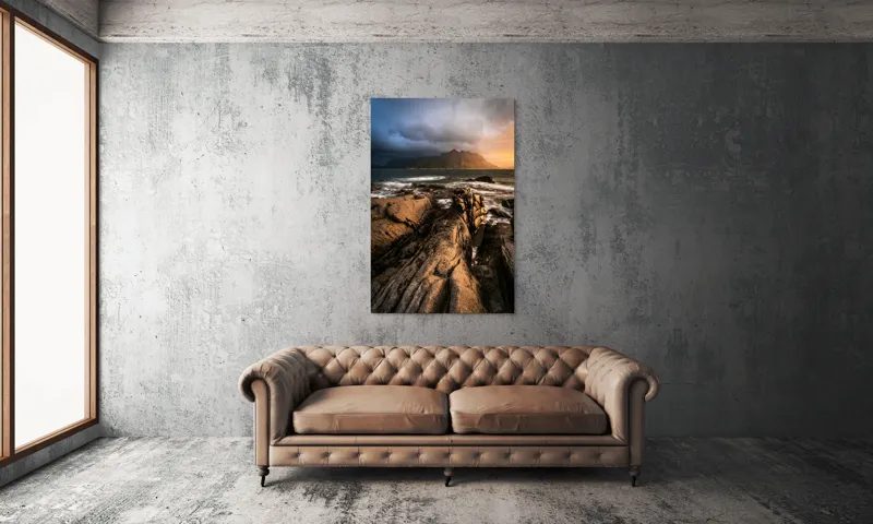 Tablou Canvas, "Razele apusului mângâie stâncile mării", Pietre, Mare, Valuri, Munți, Cer, Nor, Apus, Lumină, 100 x 150 cm – poza 6