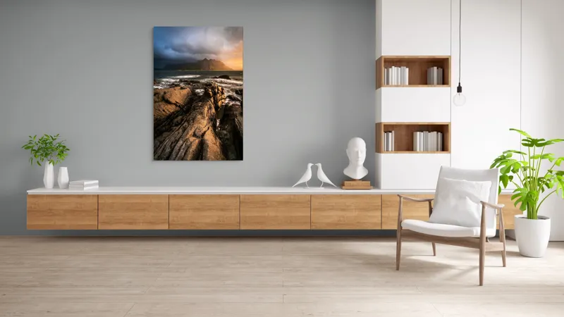 Tablou Canvas, "Razele apusului mângâie stâncile mării", Pietre, Mare, Valuri, Munți, Cer, Nor, Apus, Lumină, 100 x 150 cm – poza 8