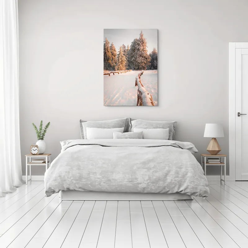 Tablou Canvas, "Drumul înghețat către pădurea deasă", Zăpadă, Copaci, Timp, Iarnă, Apus, Lumini, Potecă, Peisaj, Înghețat, Frumos, 70 x 100 cm – poza 3