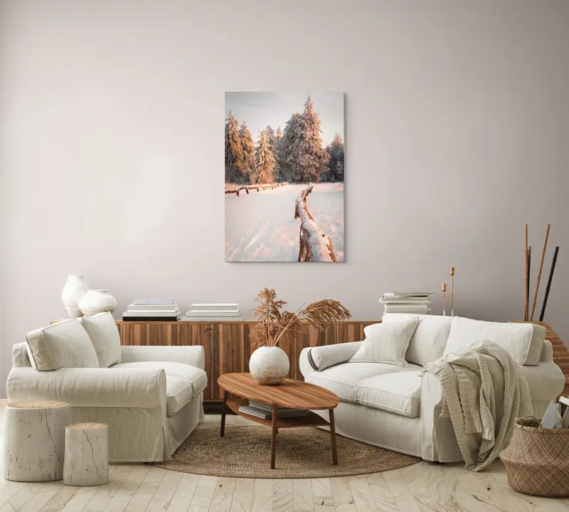 Tablou Canvas, "Drumul înghețat către pădurea deasă", Zăpadă, Copaci, Timp, Iarnă, Apus, Lumini, Potecă, Peisaj, Înghețat, Frumos, 70 x 100 cm – poza 4