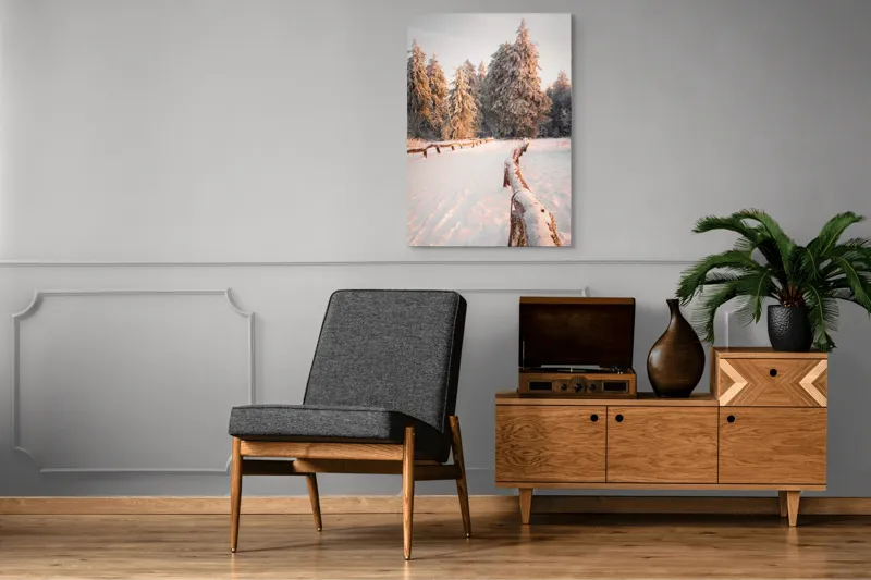 Tablou Canvas, "Drumul înghețat către pădurea deasă", Zăpadă, Copaci, Timp, Iarnă, Apus, Lumini, Potecă, Peisaj, Înghețat, Frumos, 70 x 100 cm – poza 6