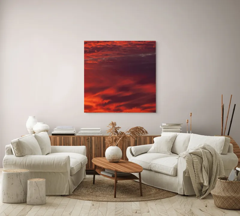 Tablou Canvas, "Asfințit în nuanțe de foc", Roșu, Cer, Apus, Nori, Amurg, Lumină, Încântare, Senzație, Tablou, 100 x 100 cm – poza 3