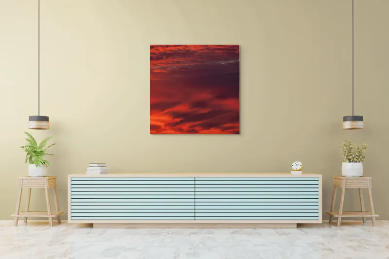 Tablou Canvas, "Asfințit în nuanțe de foc", Roșu, Cer, Apus, Nori, Amurg, Lumină, Încântare, Senzație, Tablou, 100 x 100 cm – poza 5